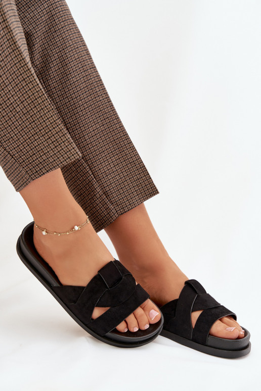 Pantoufles pour femmes en daim écologiqueoÀe avec des bandes couleur noire Il fautrivessa