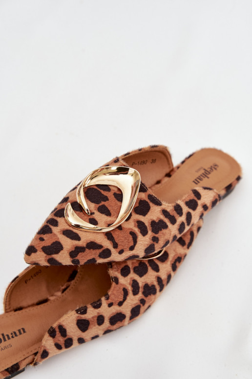 Pantoufles pour femmes Mule Avec des décorations couleur doréem Detalem avec des motifs en fourrure de léopard Galvella
