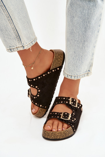 Pantoufles pour femmes Ze couleur doréemi avec bouclesmi Et des clous couleur noire Tervina