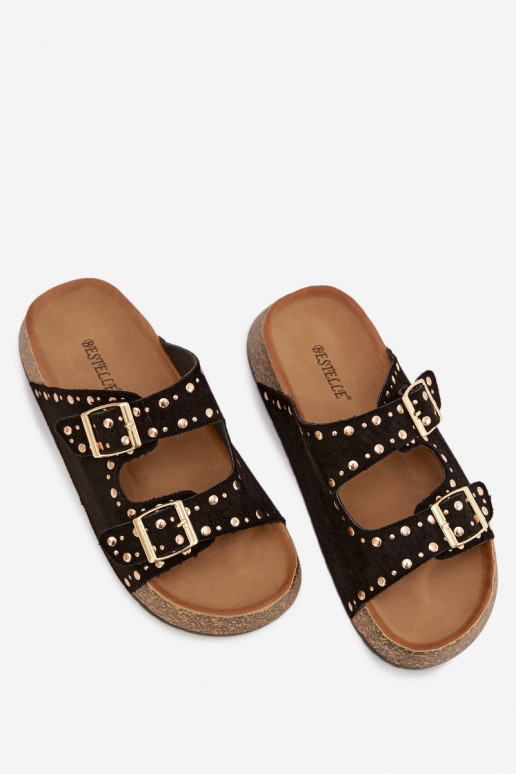 Pantoufles pour femmes Ze couleur doréemi avec bouclesmi Et des clous couleur noire Tervina