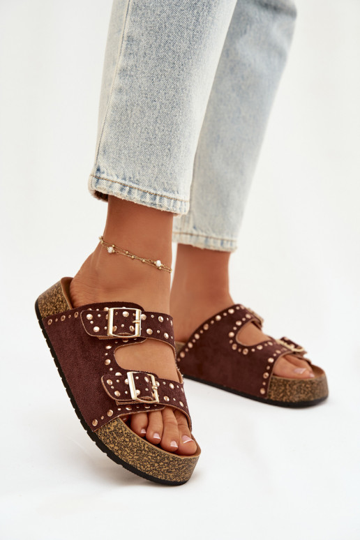 Pantoufles pour femmes Ze couleur doréemi avec bouclesmi Et des clous marron Tervina