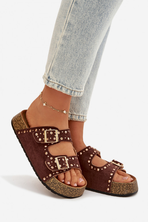 Pantoufles pour femmes Ze couleur doréemi avec bouclesmi Et des clous marron Tervina