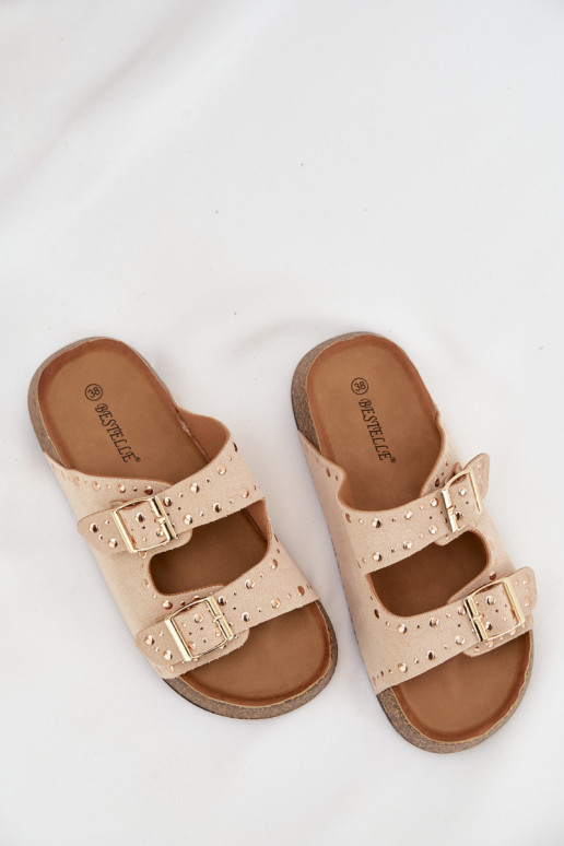 Pantoufles pour femmes Ze couleur doréemi avec bouclesmi Et des clous couleur ivoire Tervina