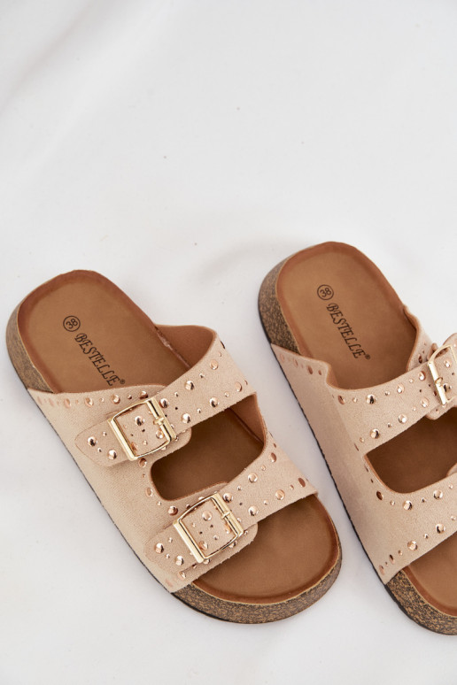 Pantoufles pour femmes Ze couleur doréemi avec bouclesmi Et des clous couleur ivoire Tervina