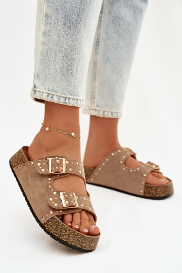 Pantoufles pour femmes Ze couleur doréemi avec bouclesmi Et des clous couleur kaki Tervina 2