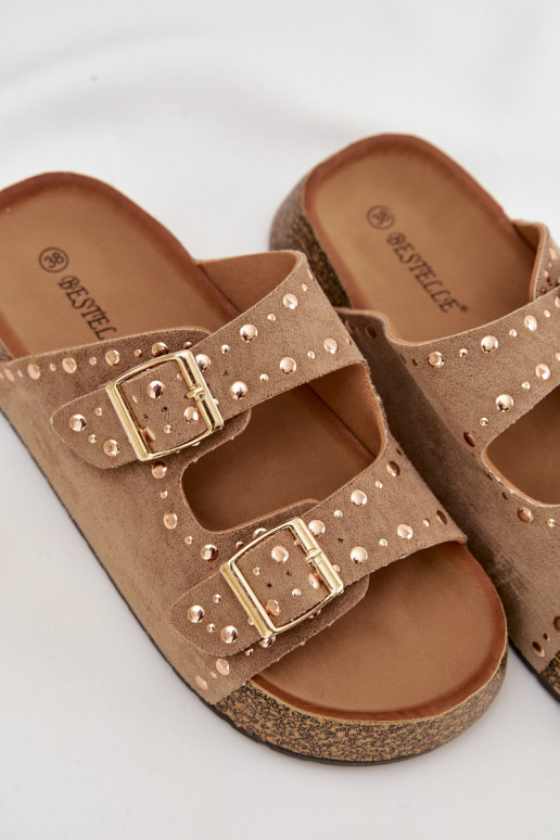 Pantoufles pour femmes Ze couleur doréemi avec bouclesmi Et des clous couleur kaki Tervina