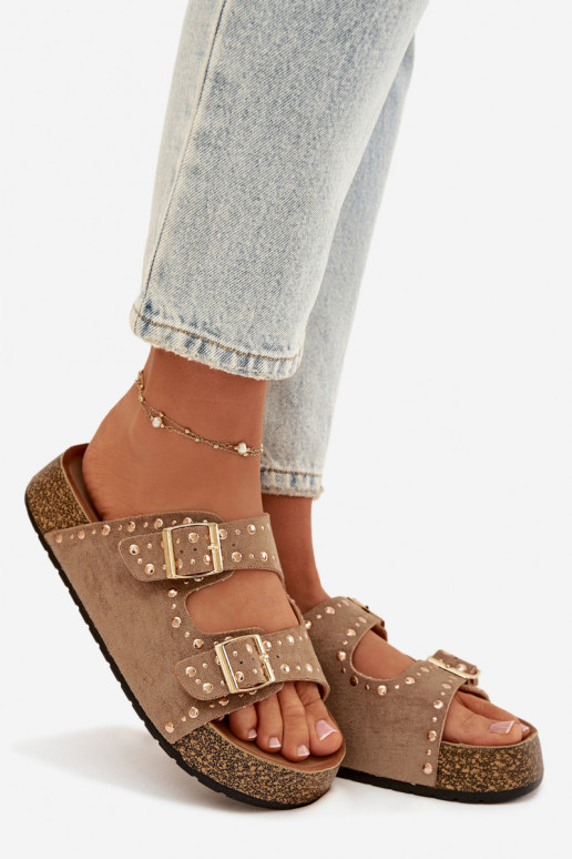 Pantoufles pour femmes Ze couleur doréemi avec bouclesmi Et des clous couleur kaki Tervina