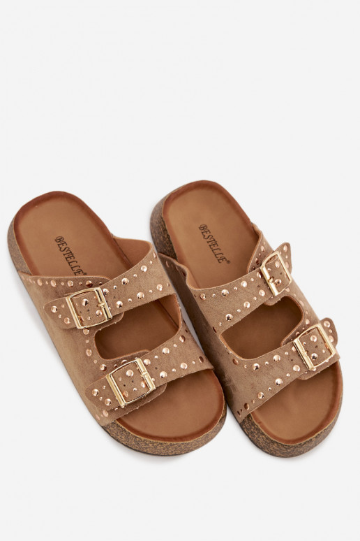 Pantoufles pour femmes Ze couleur doréemi avec bouclesmi Et des clous couleur kaki Tervina