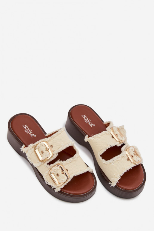 Pantoufles pour femmes avec une plateforme Ze couleur doréemi avec bouclesmi couleur ivoire Renelisse