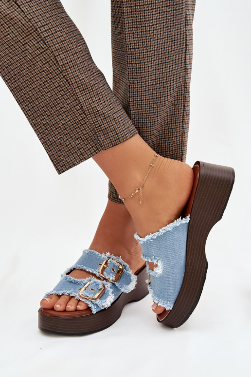 Pantoufles pour femmes avec une plateforme Ze couleur doréemi avec bouclesmi couleur bleue Renelisse