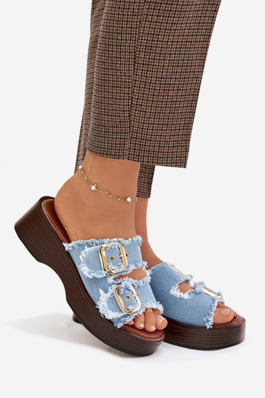 Pantoufles pour femmes avec une plateforme Ze couleur doréemi avec bouclesmi couleur bleue Renelisse