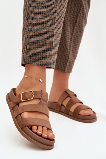 Pantoufles pour femmes avec des bandes I Złotą avec boucles marron Ulirissa 2