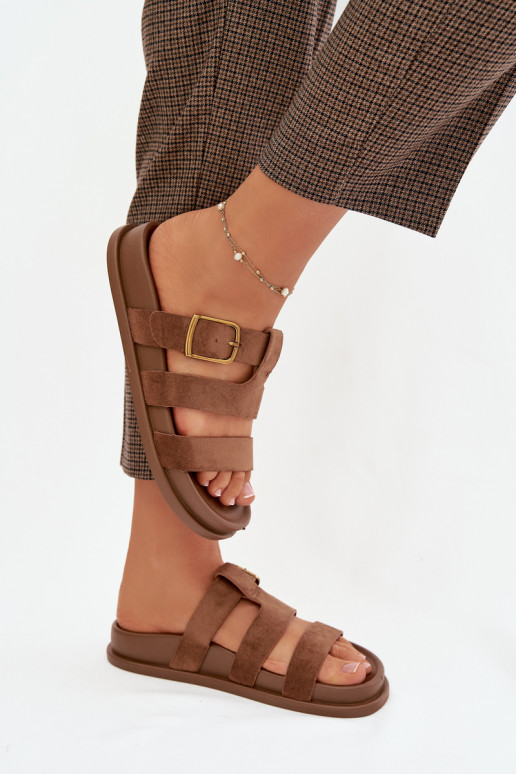 Pantoufles pour femmes avec des bandes I Złotą avec boucles marron Ulirissa