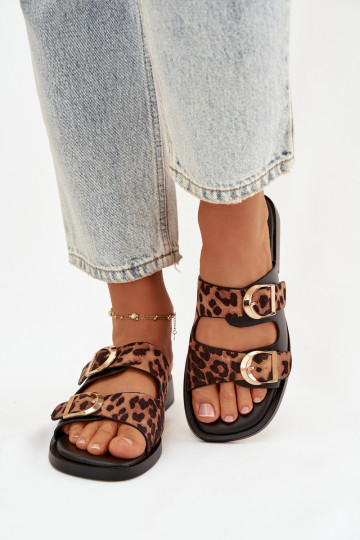 Pantoufles pour femmes Ze couleur doréemi avec bouclesmi avec des motifs en fourrure de léopard noir et marron Danelle 2