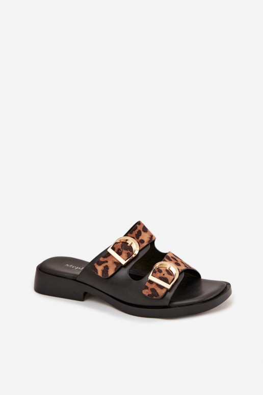 Pantoufles pour femmes Ze couleur doréemi avec bouclesmi avec des motifs en fourrure de léopard noir et marron Danelle