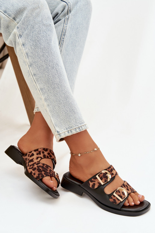 Pantoufles pour femmes Ze couleur doréemi avec bouclesmi avec des motifs en fourrure de léopard noir et marron Danelle