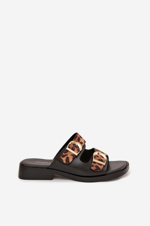 Pantoufles pour femmes Ze couleur doréemi avec bouclesmi avec des motifs en fourrure de léopard noir et marron Danelle