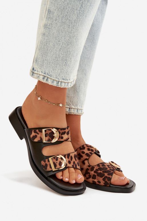 Pantoufles pour femmes Ze couleur doréemi avec bouclesmi avec des motifs en fourrure de léopard noir et marron Danelle