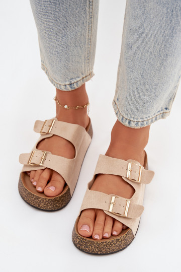 Chaussons pour femmes avec plateforme et boucles dorées „Tovessa“ couleur ivoire