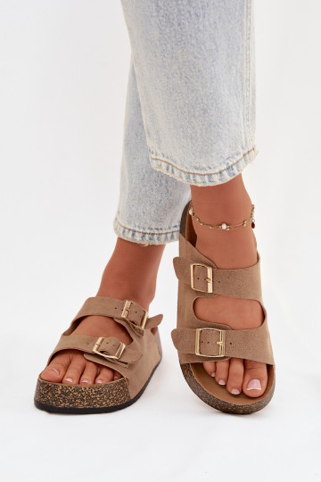 Chaussons pour femmes avec plateforme et boucles dorées „Tovessa“ couleur sable