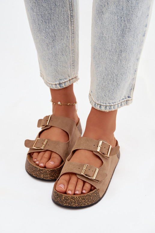 Pantoufles pour femmes avec une plateforme Ze couleur doréemi avec bouclesmi beige Tovessa