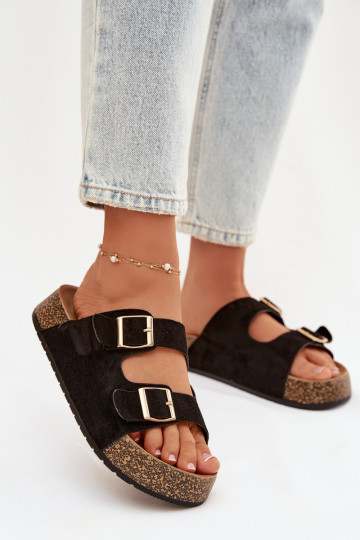 Chaussons pour femmes avec plateforme et boucles dorées „Tovessa“ couleur noire