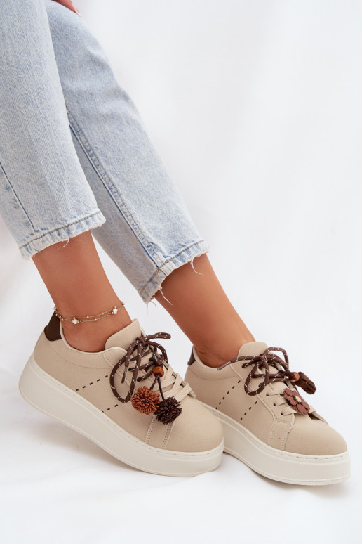 Chaussures modèle baskets Féminin avec une plateforme Avec des décorationsi Pomponami beige Corinna