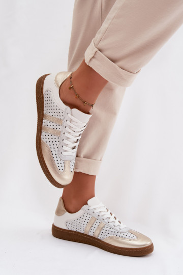 Zazoo N1318 - Baskets pour femmes en simili cuir avec éléments ajourés couleur gris-or