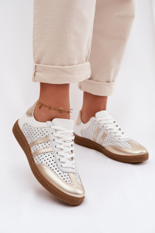 Peau avec des éléments ajourés Chaussures modèle baskets Féminin Zazoo N1318 gris-couleur dorée