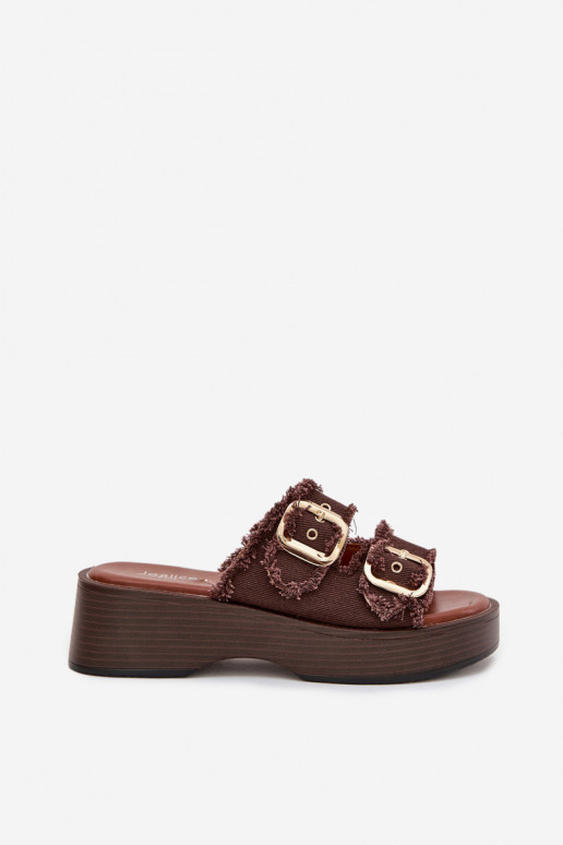 Sandales féminines avec plateforme couleur or et boucles couleur chocolat