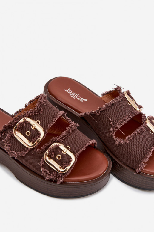 Sandales féminines avec plateforme couleur or et boucles couleur chocolat