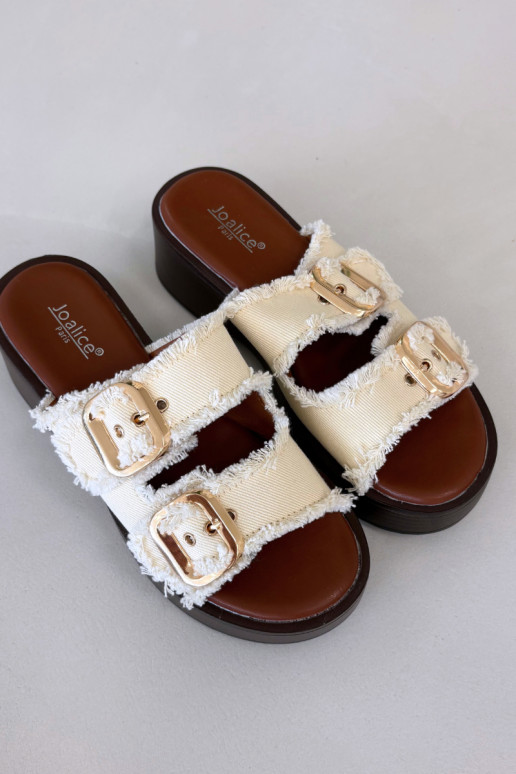 Sandales féminines avec plateforme couleur or et boucles couleur ivoire