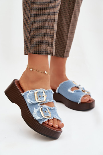 Sandales féminines avec plateforme couleur or et boucles couleur bleue 2