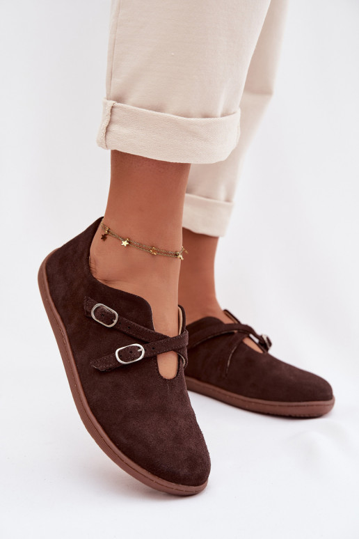 Peau en daim chaussures Barefoot Féminin avec des bandes Zazoo N1271 CzekoladoÀe