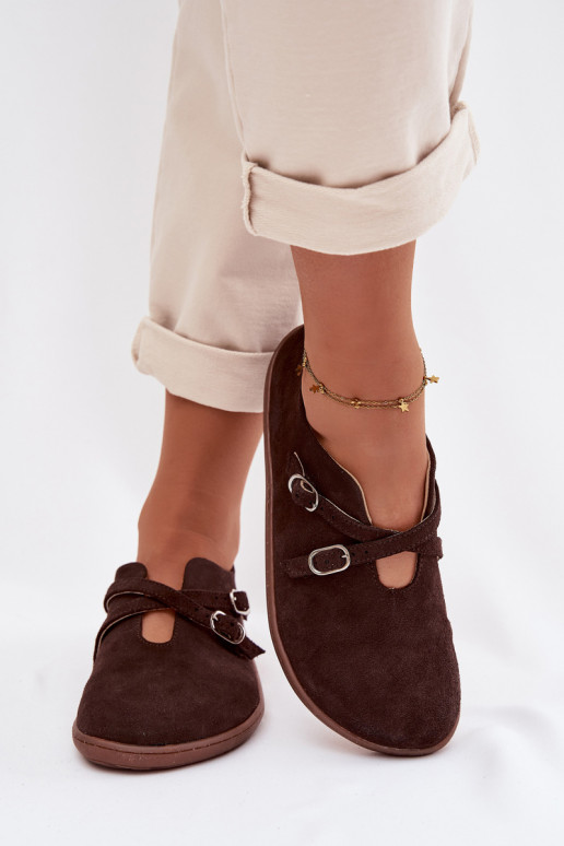 Peau en daim chaussures Barefoot Féminin avec des bandes Zazoo N1271 CzekoladoÀe