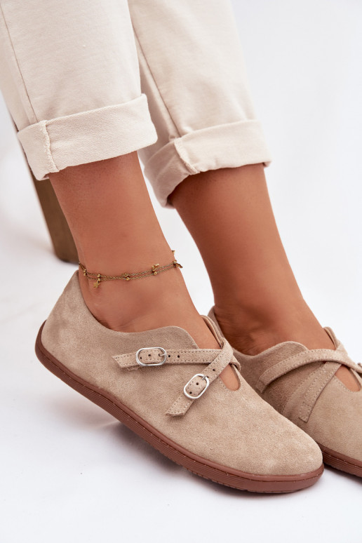 Peau en daim chaussures Barefoot Féminin avec des bandes Zazoo N1271 beige