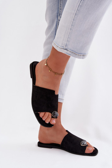 Pantoufles basses pour femmes avec des détails décoratifs en daim, couleur noire, Selavine