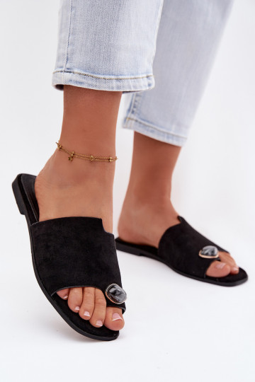Pantoufles basses pour femmes avec des détails décoratifs en daim, couleur noire, Selavine 2