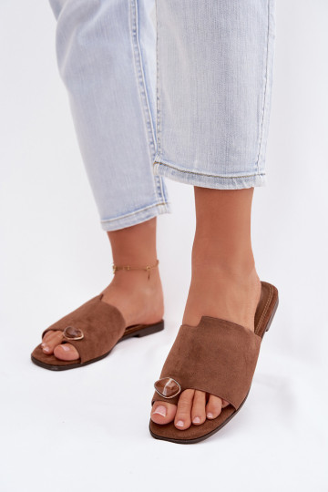 Pantoufles basses pour femmes avec des détails décoratifs en daim, couleur marron, Selavine