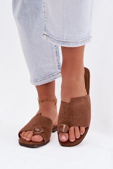 Pantoufles basses pour femmes avec des détails décoratifs en daim, couleur marron, Selavine 2