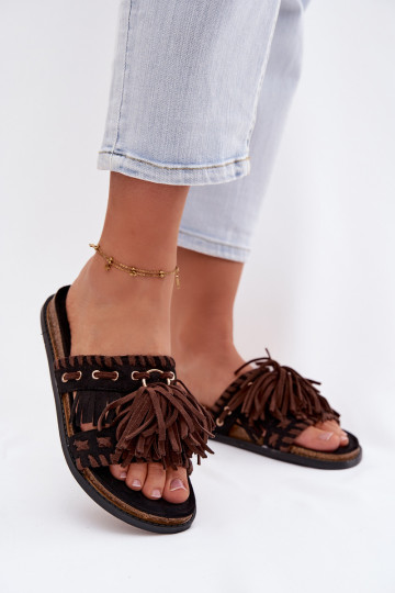 Pantoufles pour femmes avec des franges, couleur noire, Glorinna