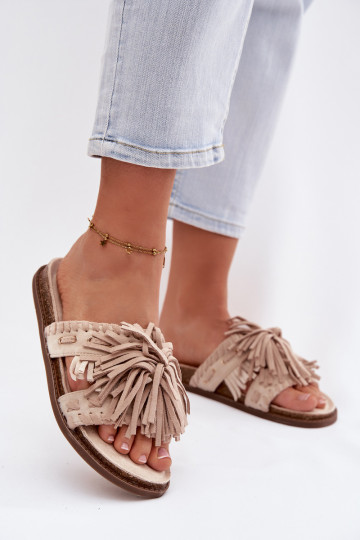 Pantoufles pour femmes avec des franges, couleur sable, Glorinna