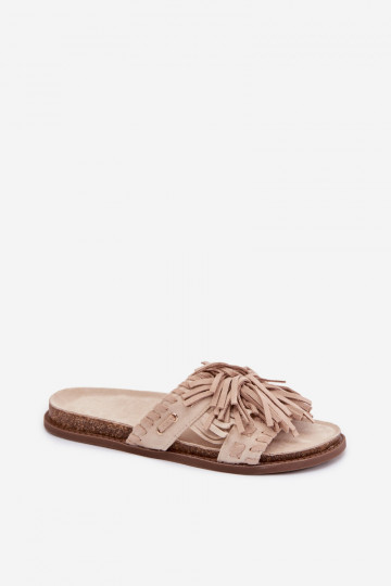 Pantoufles pour femmes avec des franges, couleur sable, Glorinna 2
