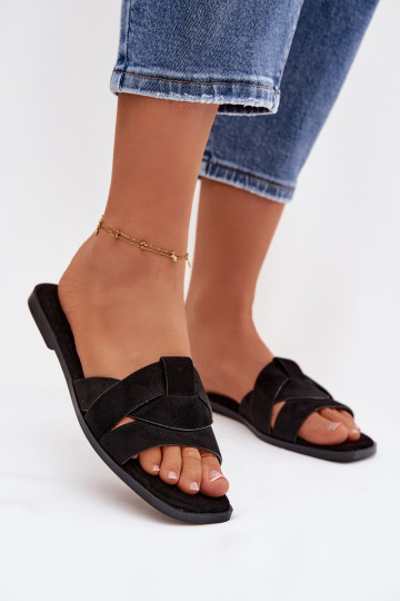 Chaussons Appartement pour femmes avec des bandes en daim écologiqueoÀe couleur noire Florane