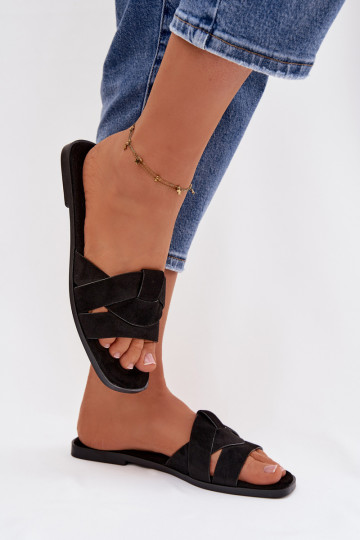 Chaussons Appartement pour femmes avec des bandes en daim écologiqueoÀe couleur noire Florane 2