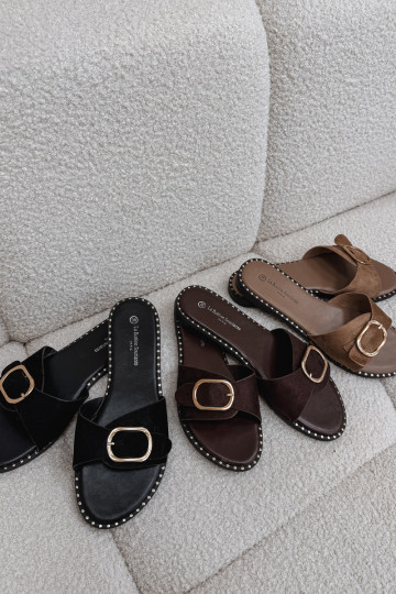 Pantoufles pour femmes avec des talons larges avec boucles dorées couleur noire Selivelle 2