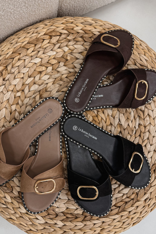 Pantoufles pour femmes avec des talons larges avec boucles dorées CzekoladoÀe Selivelle