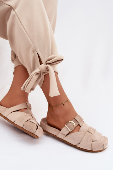 Pantoufles pour femmes Mule avec des bandes I Złotą avec boucles beige Ganelle