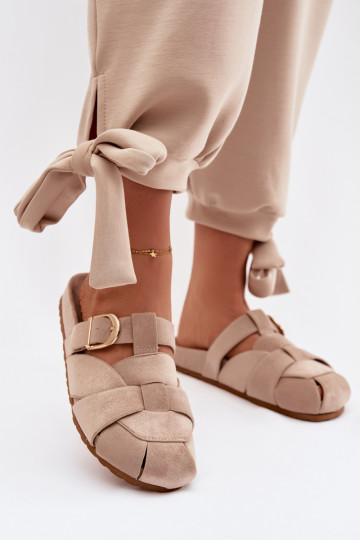 Pantoufles pour femmes Mule avec des bandes I Złotą avec boucles beige Ganelle 2