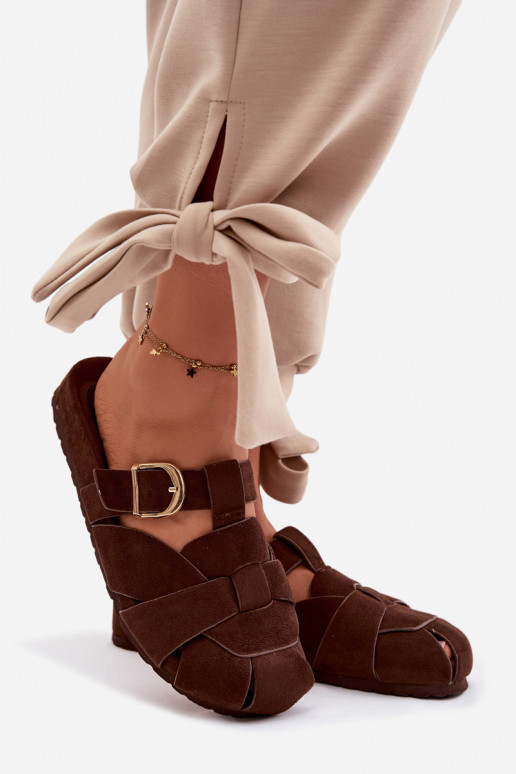 Pantoufles pour femmes Mule avec des bandes I Złotą avec boucles CzekoladoÀe Ganelle